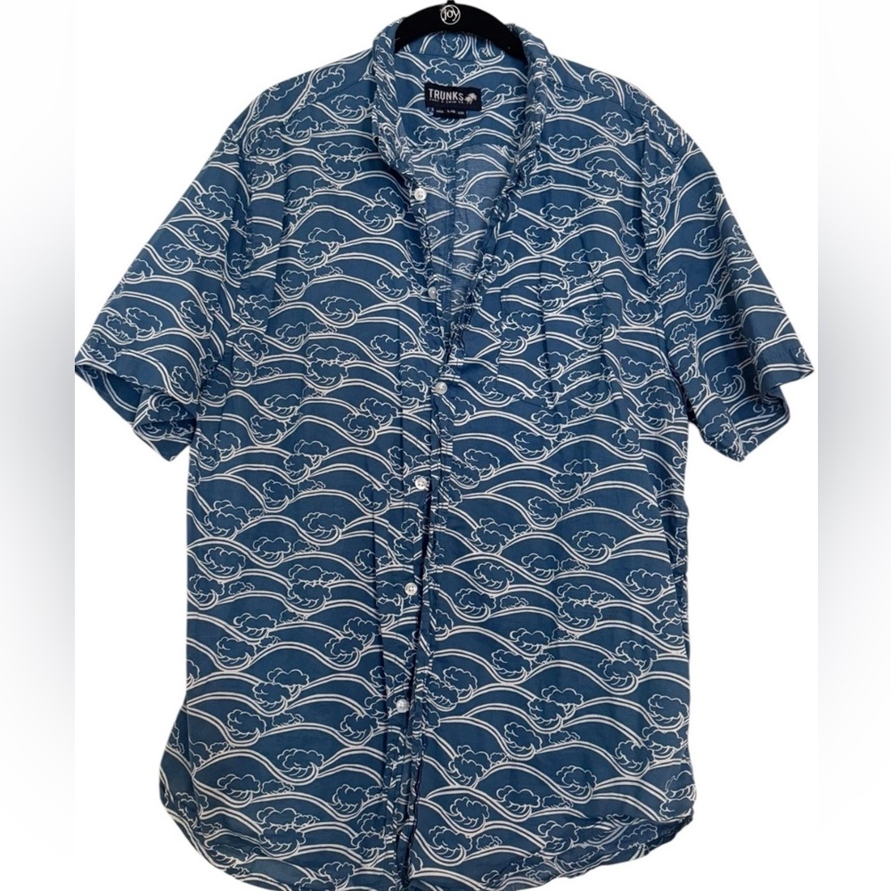 TRUNKS & SURF Co Mens Swim Button Up Beachwear Sz L Hawaiian Blue Tropical Shirt